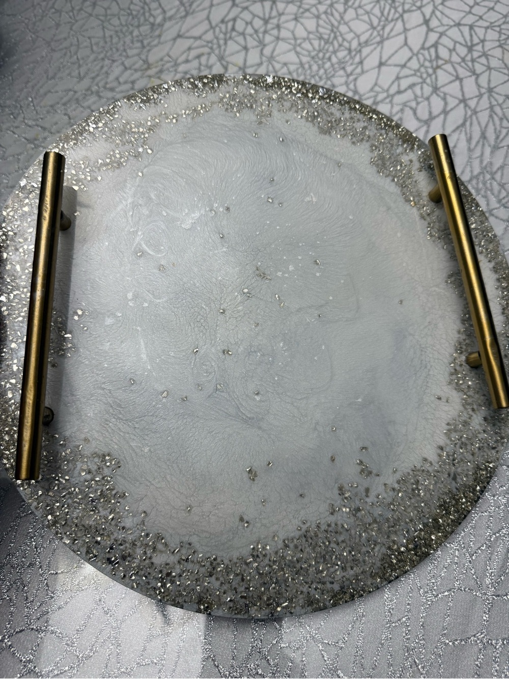 Round Silver Glitter Resin Serving Tray with Brass Handles - Picture 4 of 11